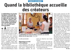Expo vente à la bibliothèque de Soultz-les-Bains pour les bénévoles de PARTAGE Alsace - article de presse