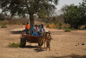 Famille au Burkina Faso dans une charette tirée par un âne.